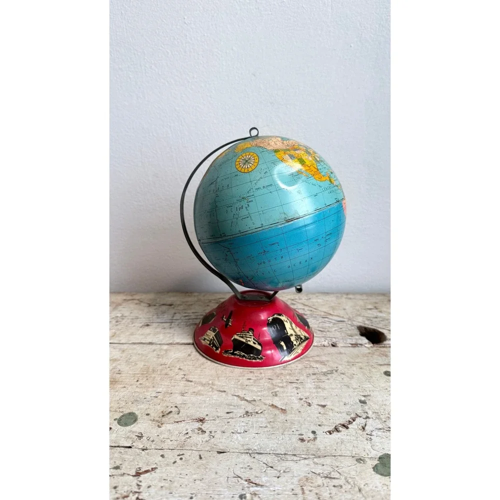 Vintage Ohio Art Co Tin Litho World Globe Red Transportation Base